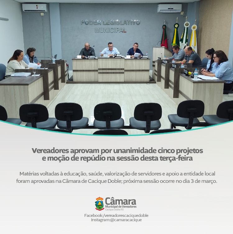 Vereadores aprovam por unanimidade cinco projetos e uma moção de repúdio na sessão desta terça-feira