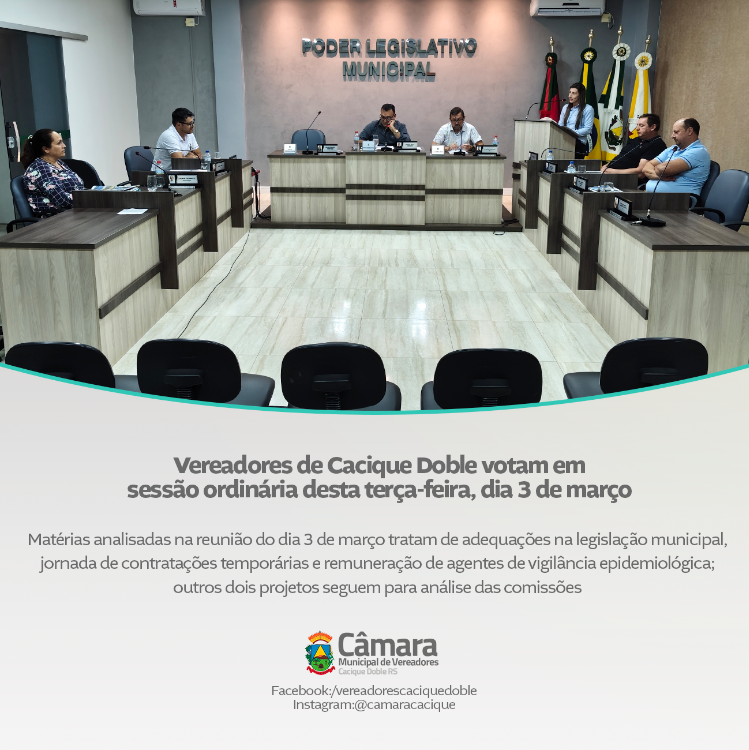 Vereadores de Cacique Doble votam em sessão ordinária desta terça-feira, dia 3 de março